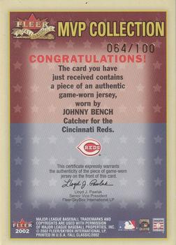 2002 Fleer Fall Classic - MVP Collection Game Used Gold #NNO Johnny Bench Back