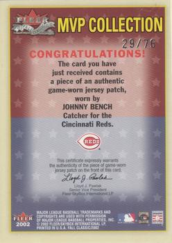 2002 Fleer Fall Classic - MVP Collection Game Used Patch #JB Johnny Bench Back