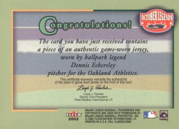 2002 Fleer Fall Classic - October Legends Game Used #NNO Dennis Eckersley Back