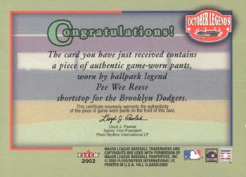 2002 Fleer Fall Classic - October Legends Game Used #NNO Pee Wee Reese Back