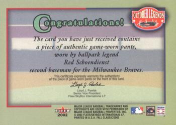 2002 Fleer Fall Classic - October Legends Game Used #NNO Red Schoendienst Back