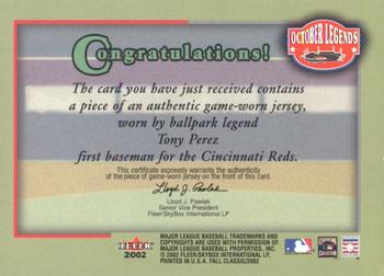 2002 Fleer Fall Classic - October Legends Game Used #NNO Tony Perez Back
