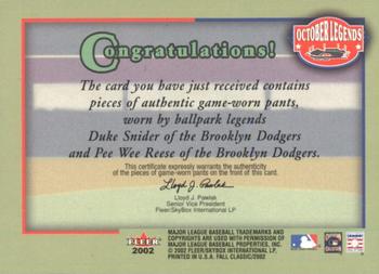2002 Fleer Fall Classic - October Legends Game Used Dual #NNO Duke Snider / Pee Wee Reese Back