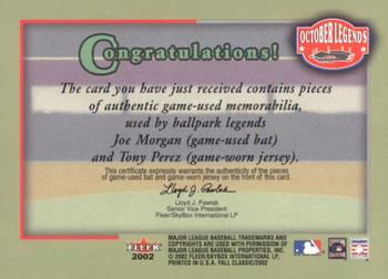 2002 Fleer Fall Classic - October Legends Game Used Dual #NNO Joe Morgan / Tony Perez Back