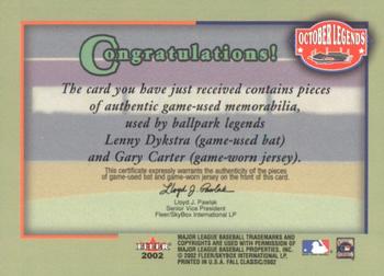 2002 Fleer Fall Classic - October Legends Game Used Dual #NNO Lenny Dykstra / Gary Carter Back