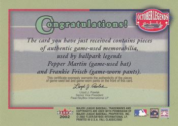 2002 Fleer Fall Classic - October Legends Game Used Dual #NNO Pepper Martin / Frank Frisch Back