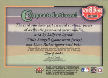 2002 Fleer Fall Classic - October Legends Game Used Dual #NNO Willie Stargell / Dave Parker Back
