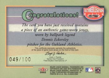 2002 Fleer Fall Classic - October Legends Game Used Gold #NNO Dennis Eckersley Back