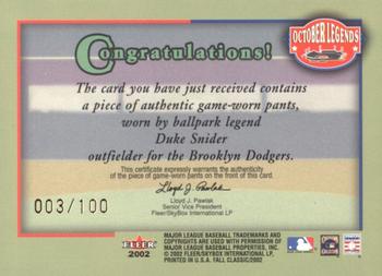 2002 Fleer Fall Classic - October Legends Game Used Gold #NNO Duke Snider Back