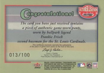 2002 Fleer Fall Classic - October Legends Game Used Gold #NNO Frankie Frisch Back