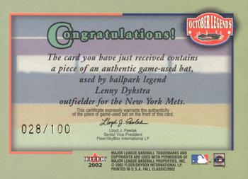 2002 Fleer Fall Classic - October Legends Game Used Gold #NNO Lenny Dykstra Back