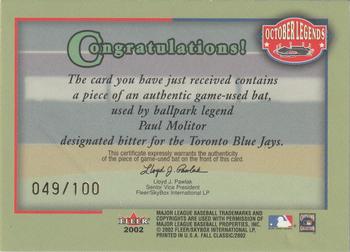 2002 Fleer Fall Classic - October Legends Game Used Gold #NNO Paul Molitor Back