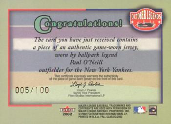 2002 Fleer Fall Classic - October Legends Game Used Gold #NNO Paul O'Neill Back