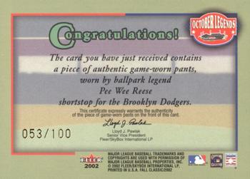 2002 Fleer Fall Classic - October Legends Game Used Gold #NNO Pee Wee Reese Back