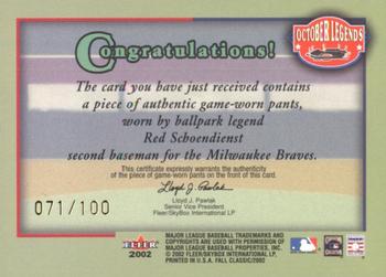 2002 Fleer Fall Classic - October Legends Game Used Gold #NNO Red Schoendienst Back