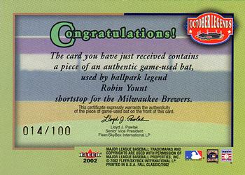 2002 Fleer Fall Classic - October Legends Game Used Gold #NNO Robin Yount Back