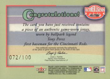 2002 Fleer Fall Classic - October Legends Game Used Gold #NNO Tony Perez Back