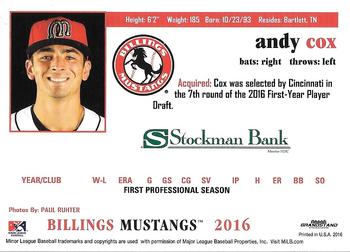 2016 Grandstand Billings Mustangs #NNO Andy Cox Back
