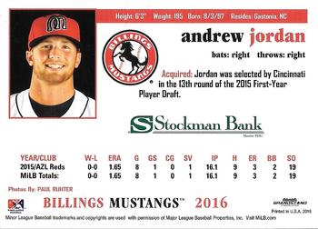 2016 Grandstand Billings Mustangs #NNO Andrew Jordan Back