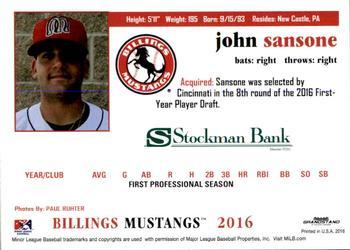 2016 Grandstand Billings Mustangs #NNO John Sansone Back