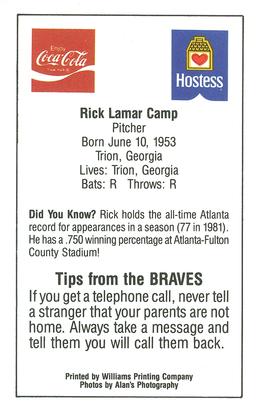 1984 Atlanta PAL Coca-Cola Atlanta Braves #NNO Rick Camp Back