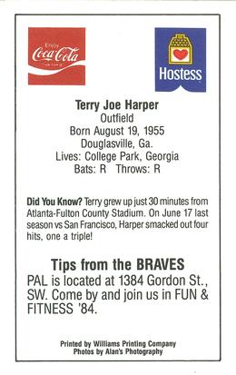 1984 Atlanta PAL Coca-Cola Atlanta Braves #NNO Terry Harper Back