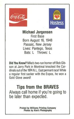 1984 Atlanta PAL Coca-Cola Atlanta Braves #NNO Mike Jorgensen Back