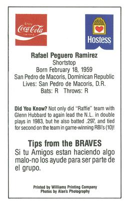 1984 Atlanta PAL Coca-Cola Atlanta Braves #NNO Rafael Ramirez Back