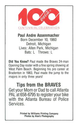 1986 Atlanta Braves Police #NNO Paul Assenmacher Back