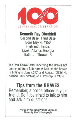 1986 Atlanta Braves Police #NNO Ken Oberkfell Back