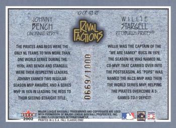 2002 Fleer Fall Classic - Rival Factions #10 RF Johnny Bench / Willie Stargell Back