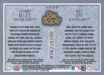 2002 Fleer Fall Classic - Rival Factions #19 RF Johnny Mize / Mel Ott Back