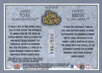 2002 Fleer Fall Classic - Rival Factions #34 RF Jimmie Foxx / Pepper Martin Back