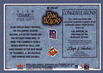 2002 Fleer Fall Classic - Rival Factions Game Used #RF CR-AT Cal Ripken Jr. / Alan Trammell Back