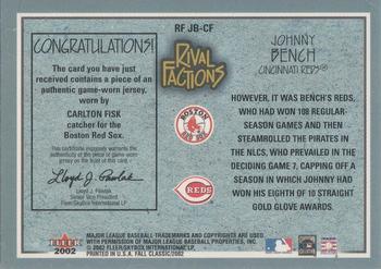 2002 Fleer Fall Classic - Rival Factions Game Used #RF JB-CF Carlton Fisk / Johnny Bench Back