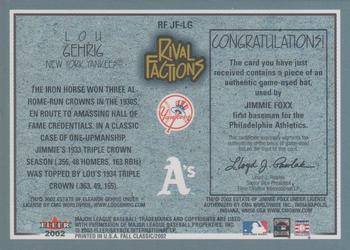 2002 Fleer Fall Classic - Rival Factions Game Used #RF JF-LG Jimmie Foxx / Lou Gehrig Back