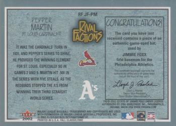 2002 Fleer Fall Classic - Rival Factions Game Used #RF JF-PM Jimmie Foxx / Pepper Martin Back