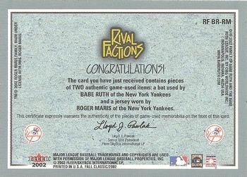 2002 Fleer Fall Classic - Rival Factions Game Used Dual #RF BR-RM Babe Ruth / Roger Maris Back