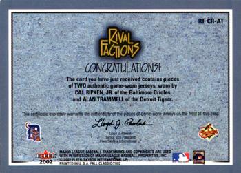 2002 Fleer Fall Classic - Rival Factions Game Used Dual #RF CR-AT Cal Ripken Jr. / Alan Trammell Back
