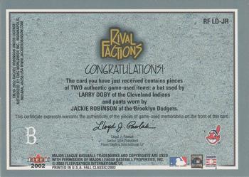 2002 Fleer Fall Classic - Rival Factions Game Used Dual #RF LD-JR Larry Doby / Jackie Robinson Back