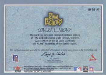 2002 Fleer Fall Classic - Rival Factions Game Used Dual #RF OS-AT Ozzie Smith / Alan Trammell Back