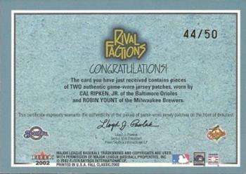 2002 Fleer Fall Classic - Rival Factions Game Used Dual Patch #NNO Cal Ripken, Jr. / Robin Yount Back