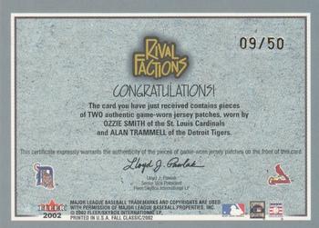 2002 Fleer Fall Classic - Rival Factions Game Used Dual Patch #NNO Ozzie Smith / Alan Trammell  Back