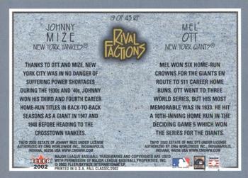 2002 Fleer Fall Classic - Rival Factions Retail #19 RF Johnny Mize / Mel Ott  Back