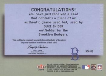 2002 Fleer Fall Classic - Series of Champions Game Used #SOC-DS Duke Snider Back