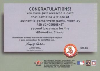 2002 Fleer Fall Classic - Series of Champions Game Used #SOC-RS Red Schoendienst Back