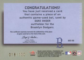 2002 Fleer Fall Classic - Series of Champions Game Used Gold #SOC-DS Duke Snider Back