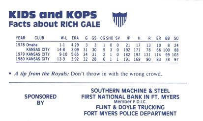 1981 Kansas City Royals Police #NNO Rich Gale Back