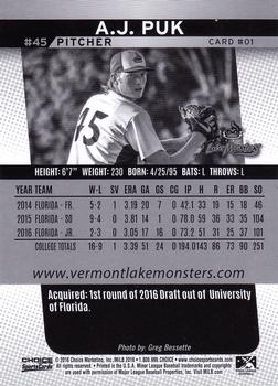2016 Choice Vermont Lake Monsters #1 A.J. Puk Back