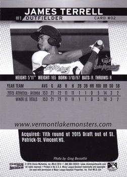 2016 Choice Vermont Lake Monsters #2 James Terrell Back